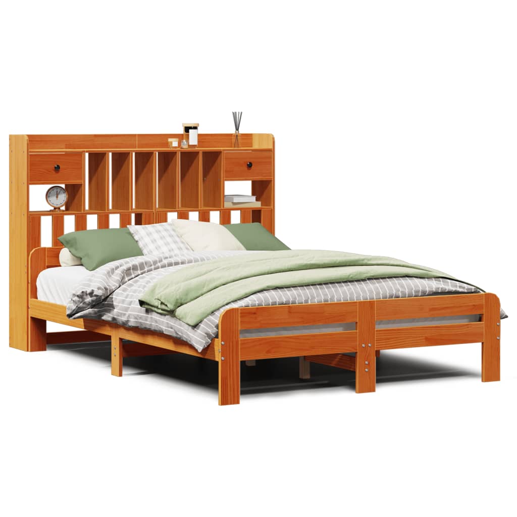 vidaXL Cama con estantería sin colchón madera maciza marrón 140x190 cm