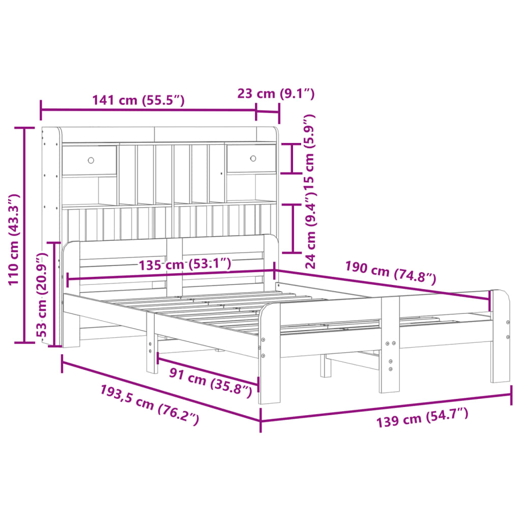 vidaXL Cama con estantería sin colchón madera maciza blanca 135x190 cm