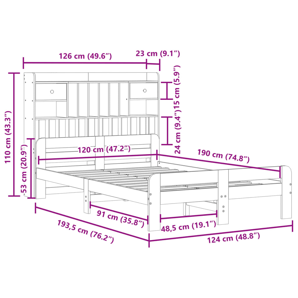 vidaXL Cama con estantería sin colchón madera maciza marrón 120x190 cm