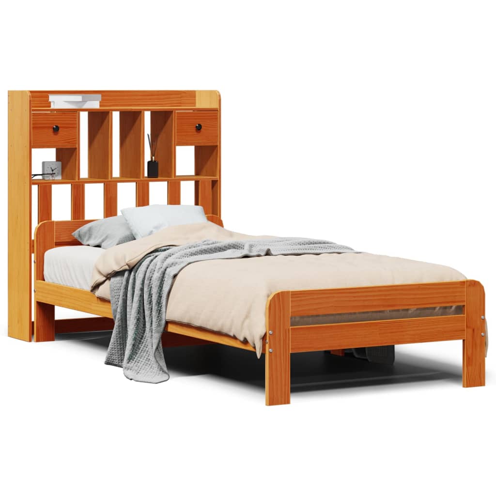 vidaXL Cama con estantería sin colchón madera maciza marrón 90x190 cm