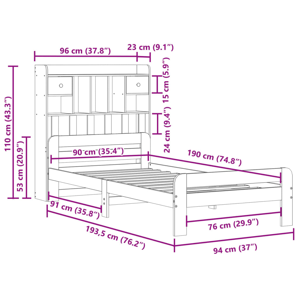 vidaXL Cama con estantería sin colchón madera maciza marrón 90x190 cm