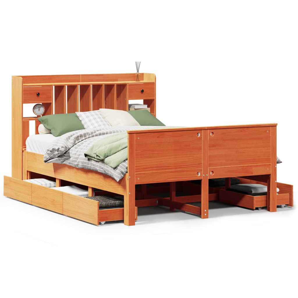 vidaXL Cama con estantería sin colchón madera maciza marrón 140x190 cm