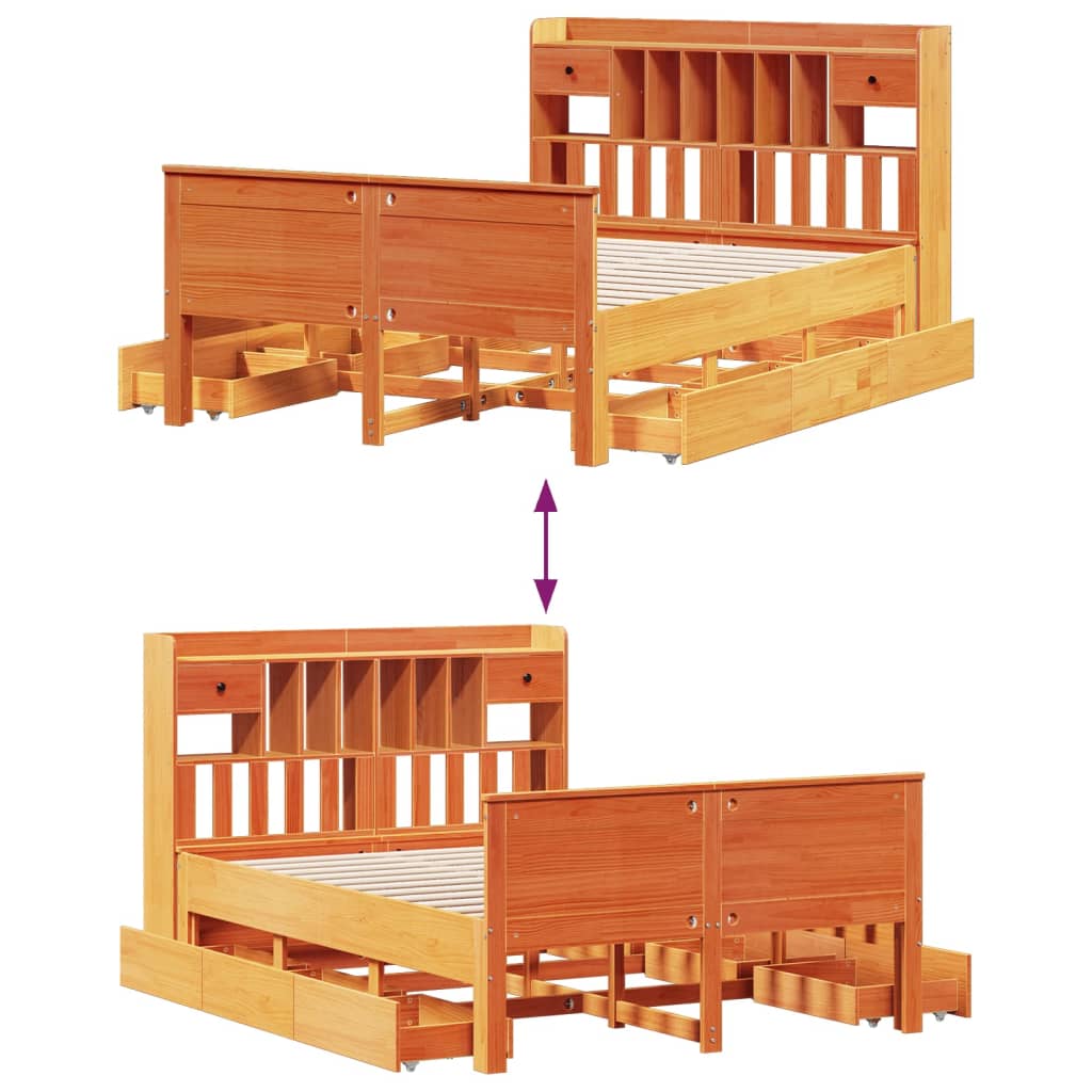 vidaXL Cama con estantería sin colchón madera maciza marrón 140x190 cm