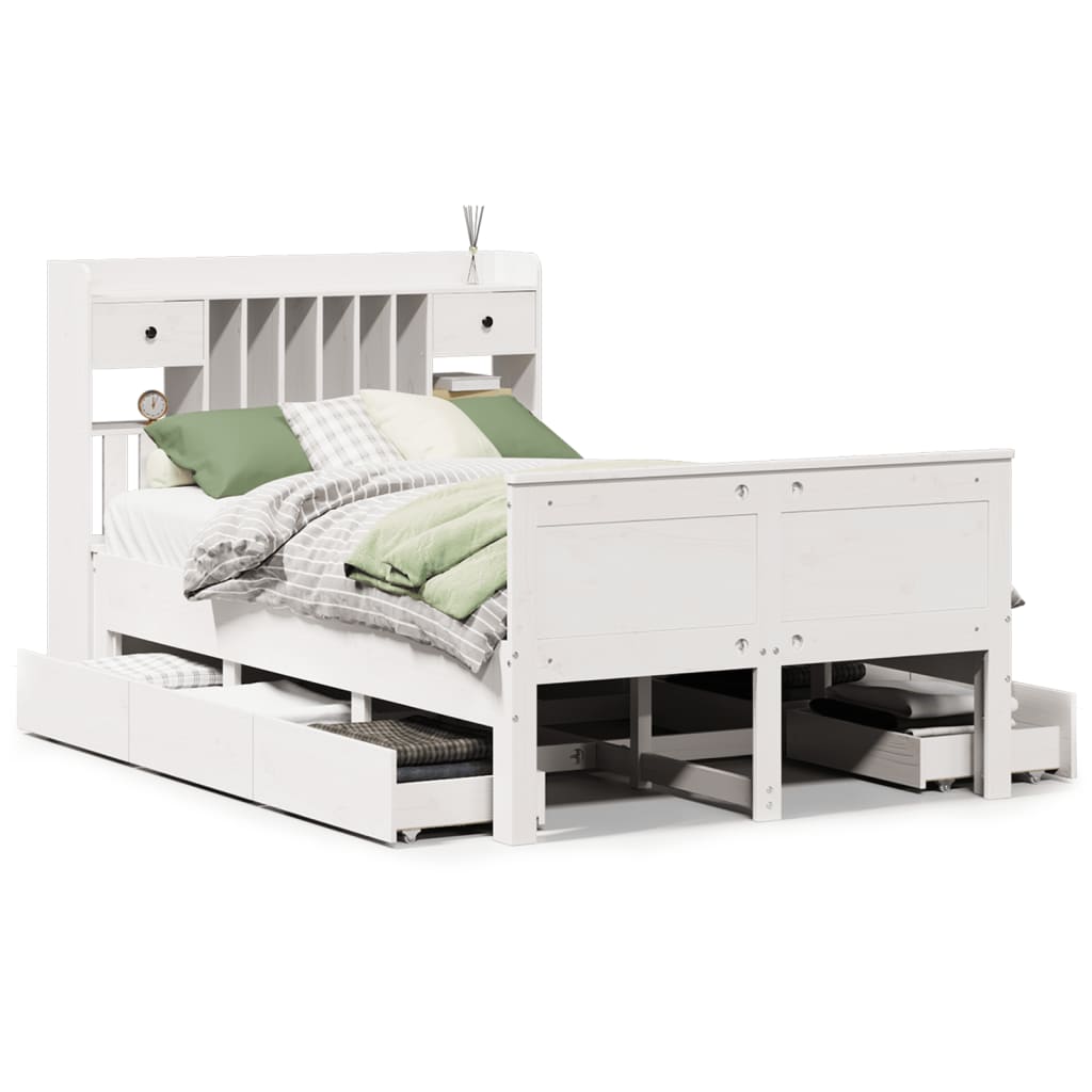 vidaXL Cama con estantería sin colchón madera maciza blanca 135x190 cm