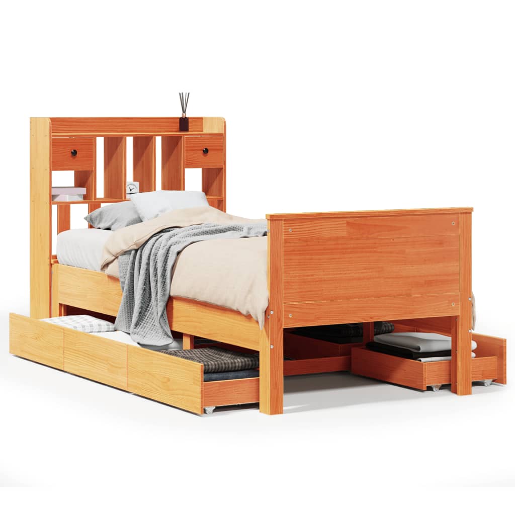 vidaXL Cama con estantería sin colchón madera maciza marrón 75x190 cm