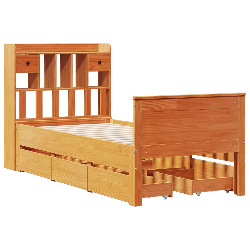 vidaXL Cama con estantería sin colchón madera maciza marrón 75x190 cm