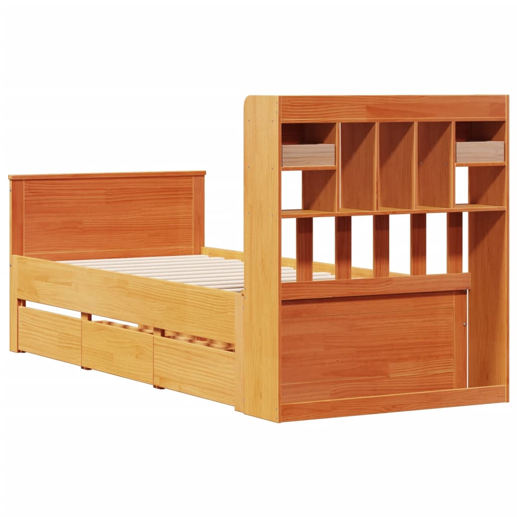 vidaXL Cama con estantería sin colchón madera maciza marrón 75x190 cm