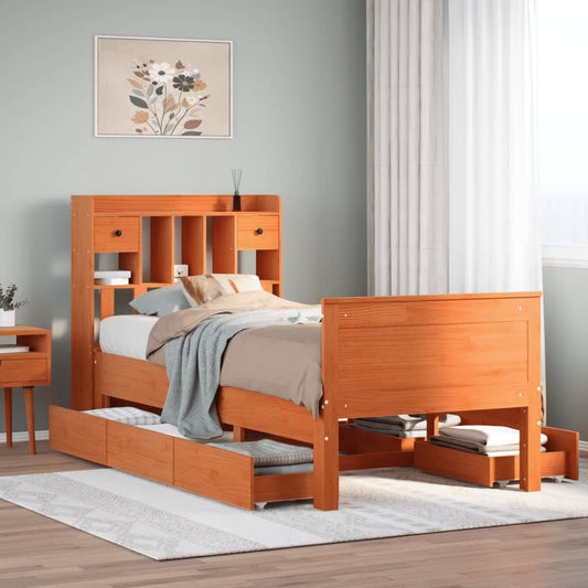 vidaXL Cama con estantería sin colchón madera maciza marrón 75x190 cm