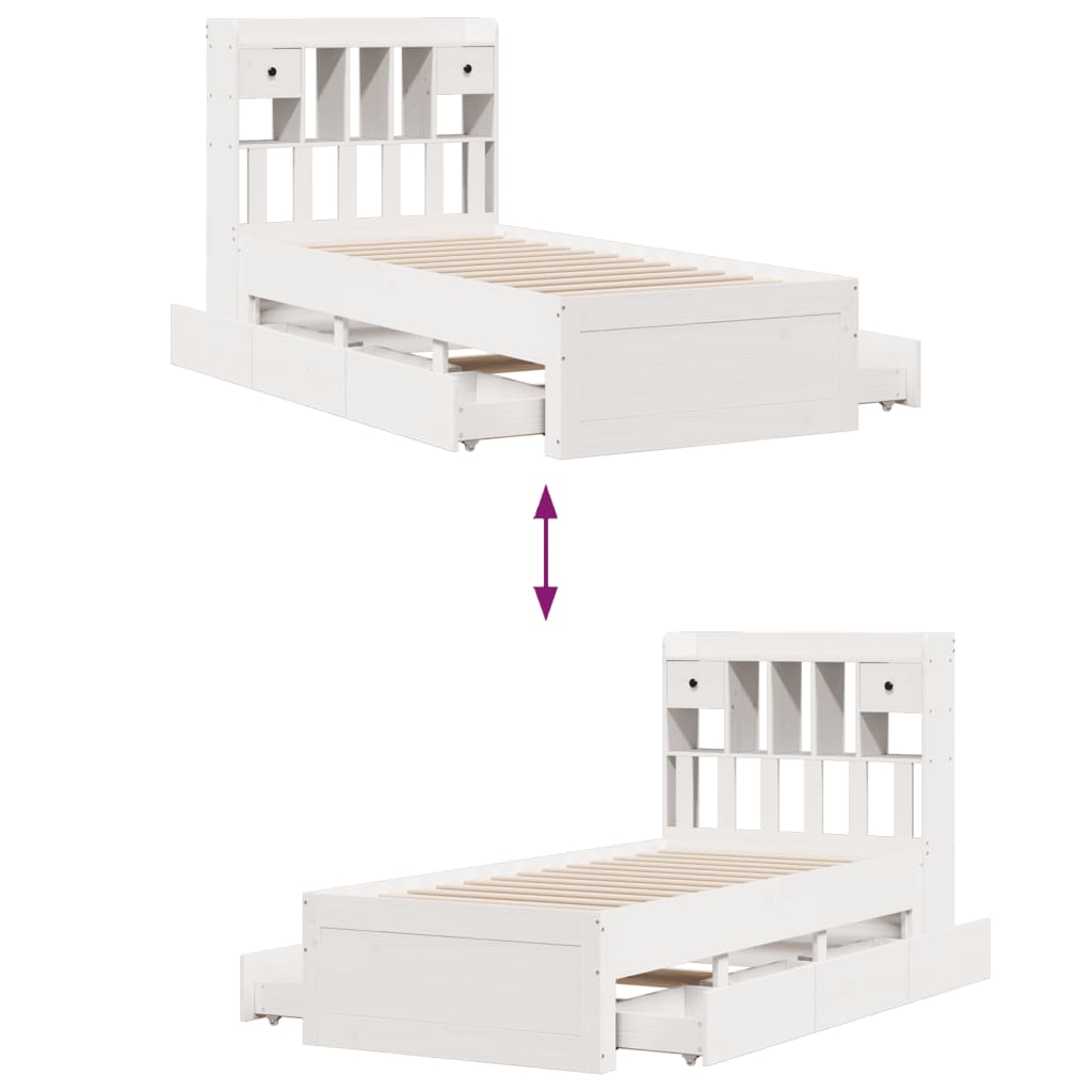 vidaXL Cama con estantería sin colchón madera maciza blanca 75x190 cm