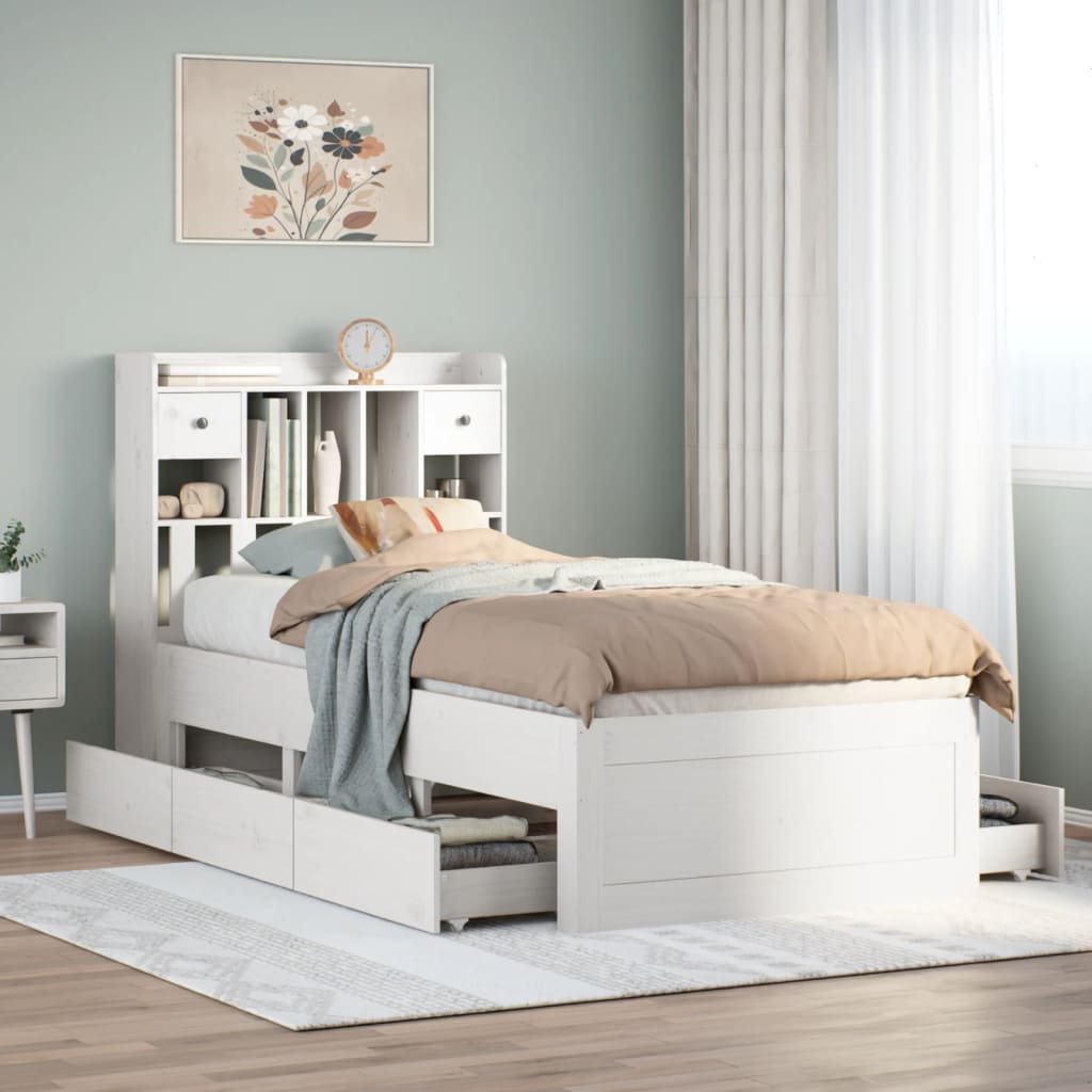 vidaXL Cama con estantería sin colchón madera maciza blanca 75x190 cm