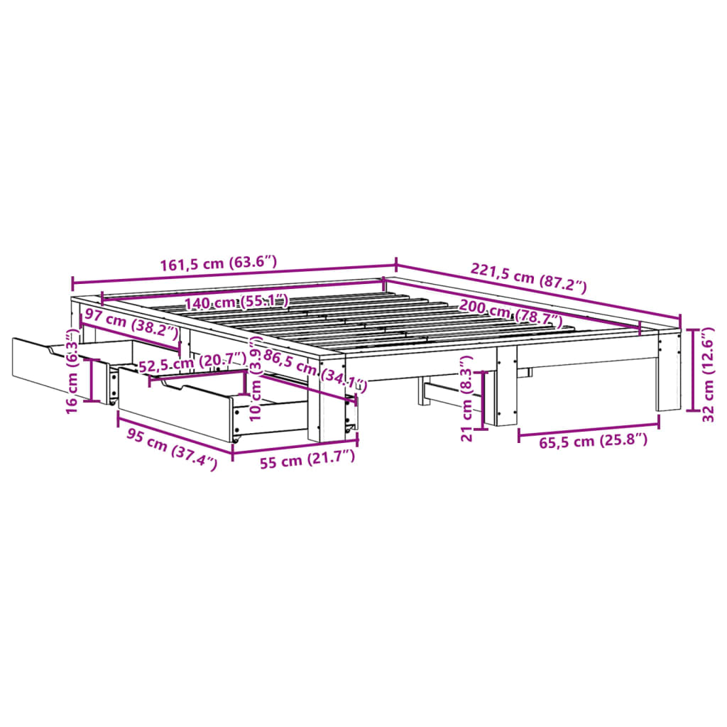 vidaXL Cama sin colchón madera maciza de pino marrón cera 140x200 cm