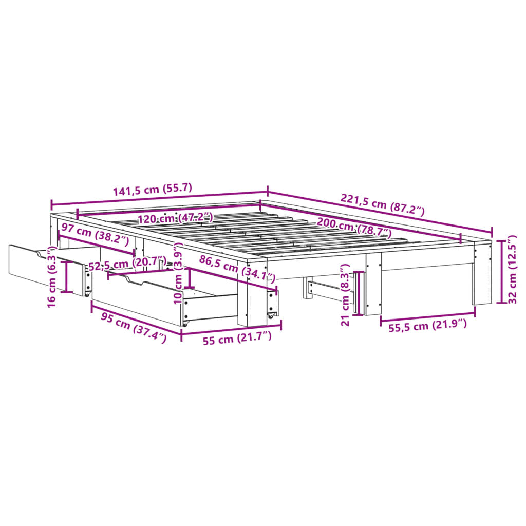 vidaXL Cama sin colchón madera maciza de pino marrón cera 120x200 cm