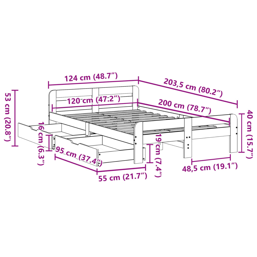 vidaXL Cama sin colchón madera maciza de pino marrón cera 120x200 cm