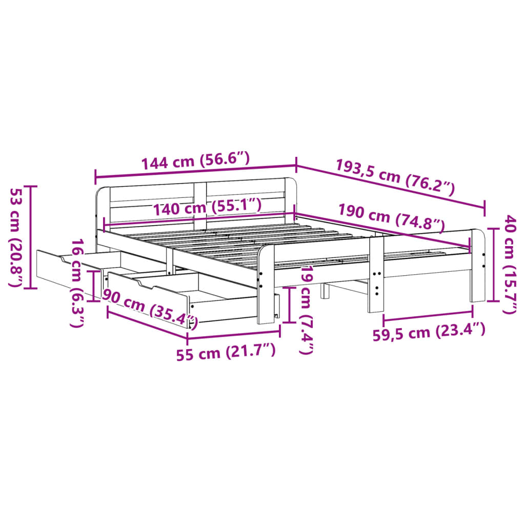 vidaXL Cama sin colchón madera maciza de pino marrón cera 140x190 cm