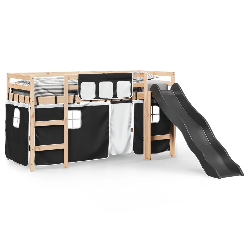 vidaXL Cama alta niños con cortinas madera pino blanco negro 90x190 cm