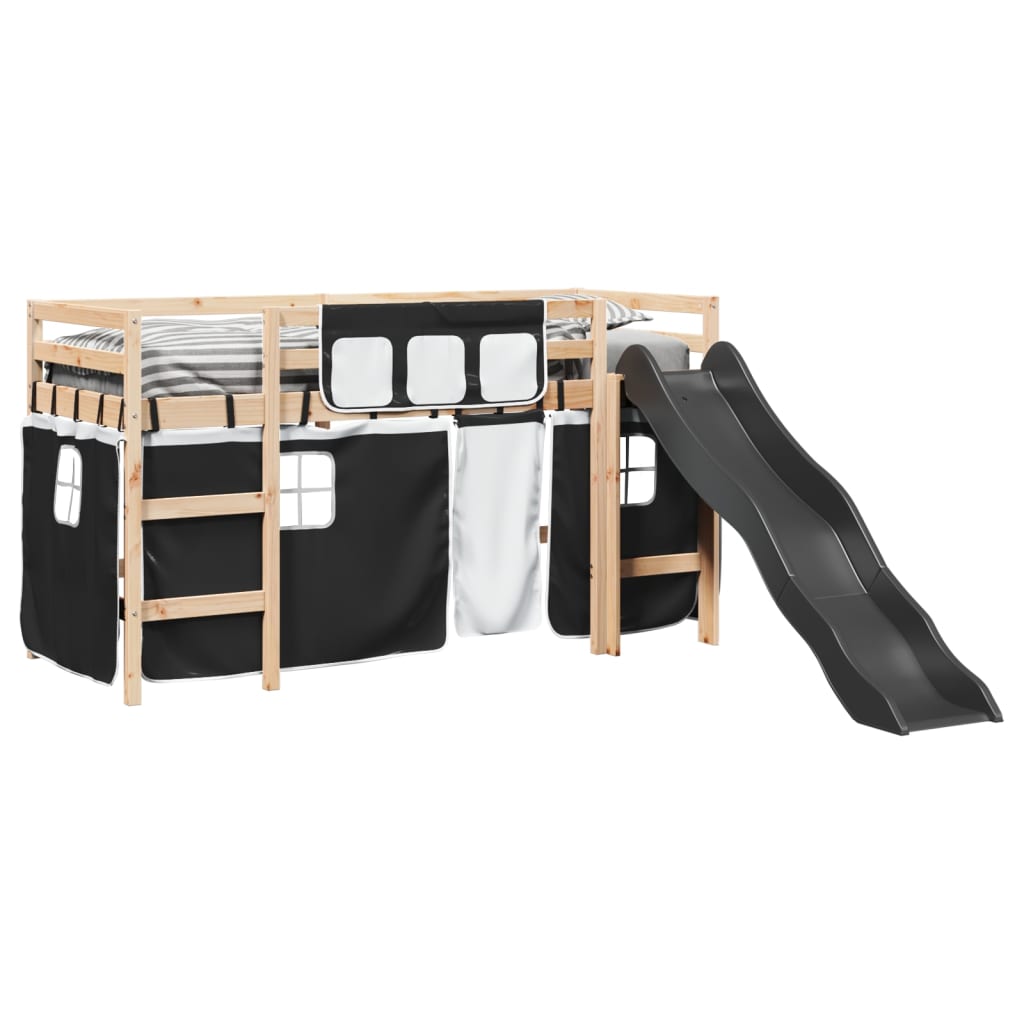 vidaXL Cama alta niños con cortinas madera pino blanco negro 90x190 cm