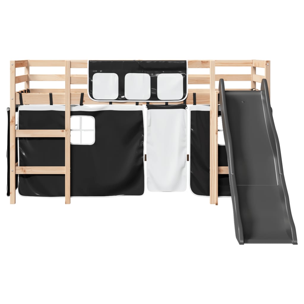 vidaXL Cama alta niños con cortinas madera pino blanco negro 90x190 cm