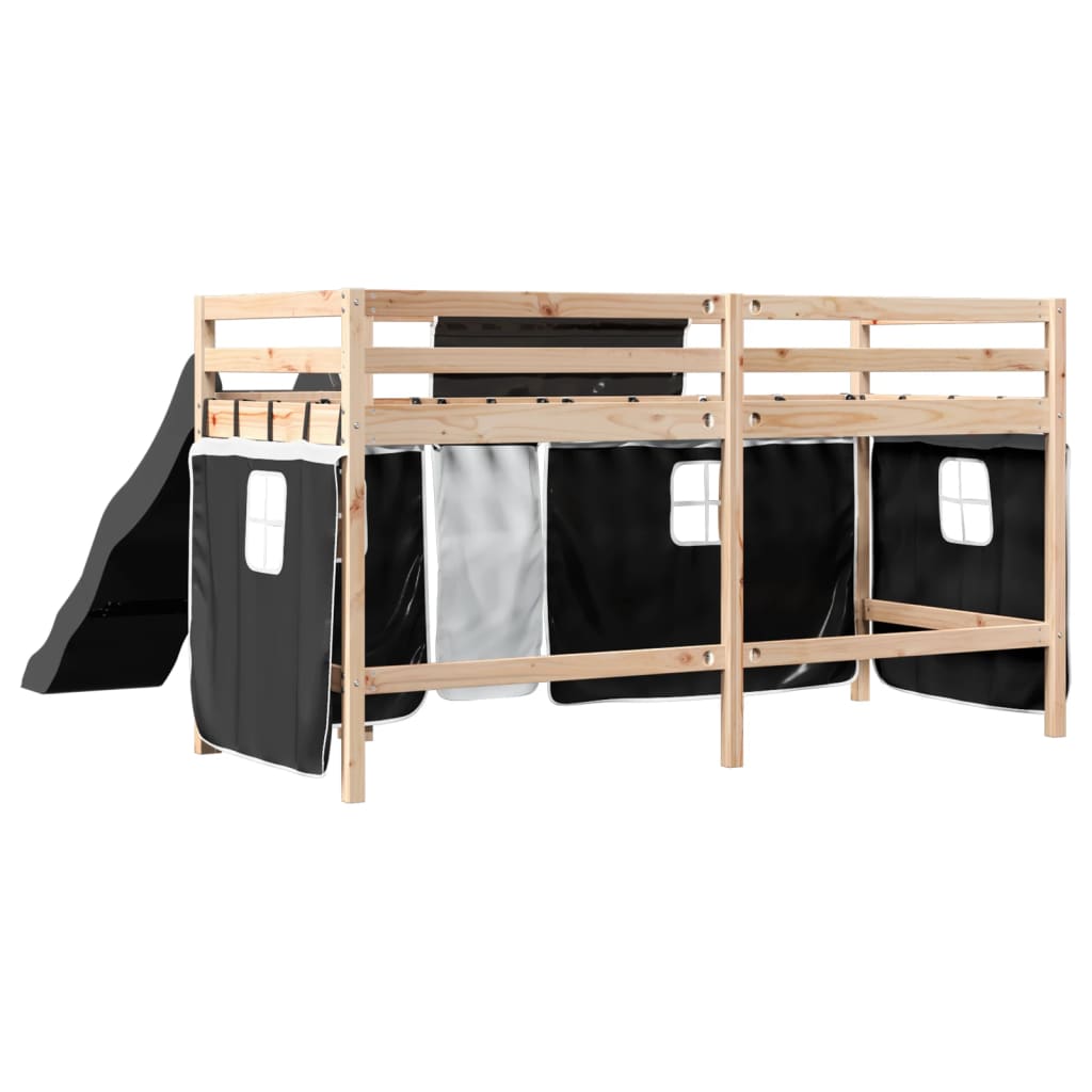 vidaXL Cama alta niños con cortinas madera pino blanco negro 90x190 cm