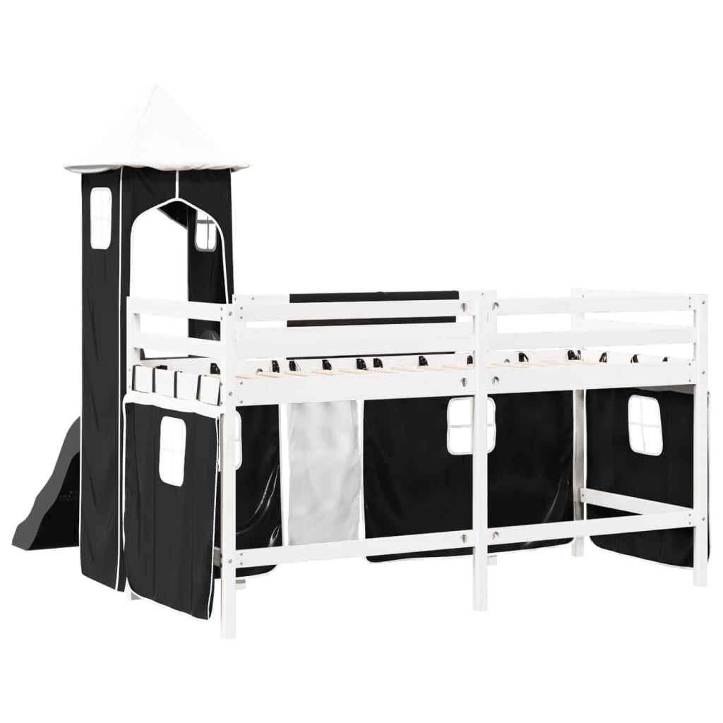 vidaXL Cama alta niños con torre madera pino blanco negro 90x200 cm