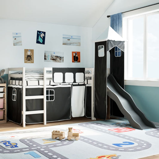 vidaXL Cama alta niños con torre madera pino blanco negro 90x200 cm