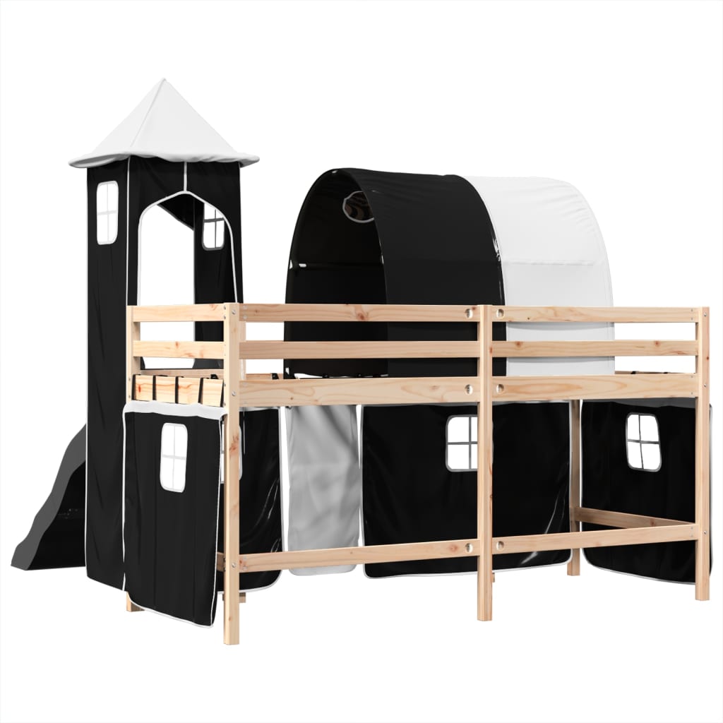 vidaXL Cama alta niños con torre madera pino blanco negro 80x200 cm