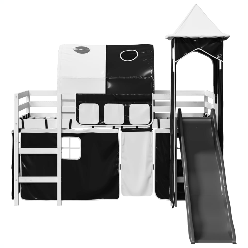 vidaXL Cama alta niños con torre madera pino blanco negro 90x190 cm