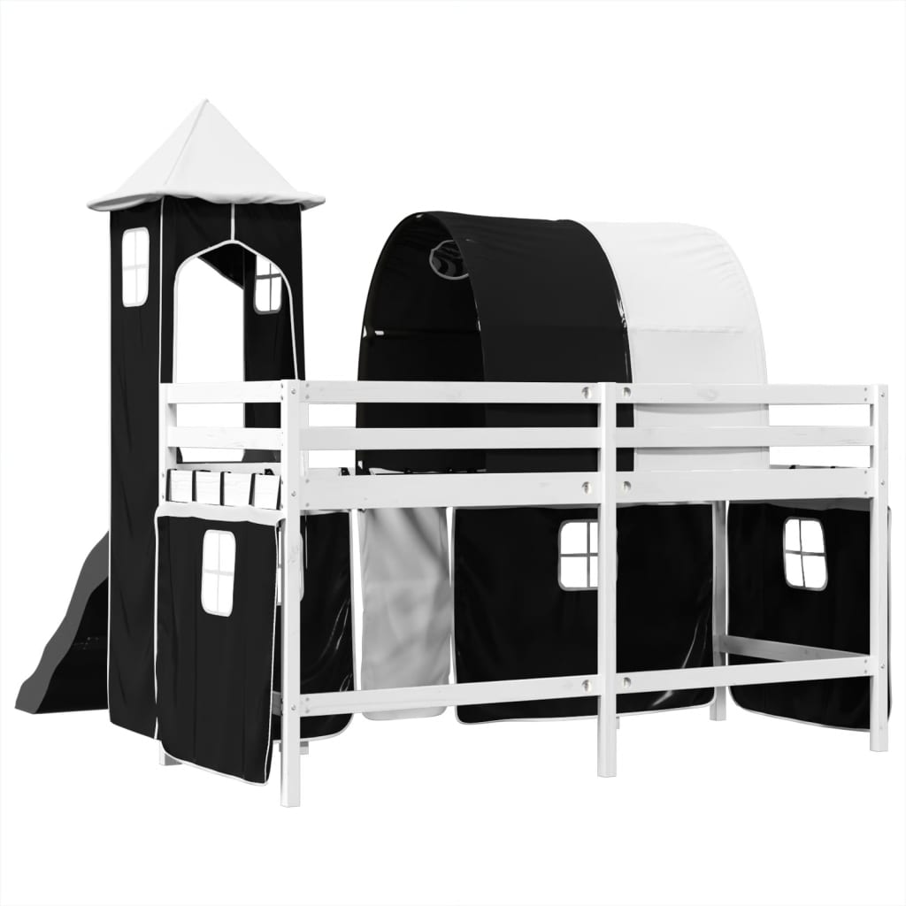 vidaXL Cama alta niños con torre madera pino blanco negro 90x190 cm