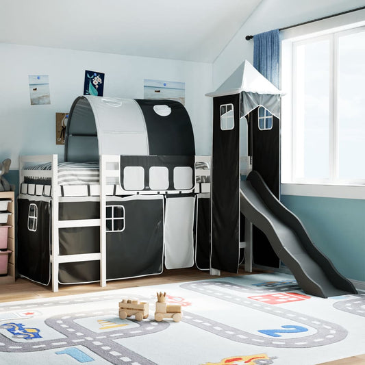 vidaXL Cama alta niños con torre madera pino blanco negro 90x190 cm