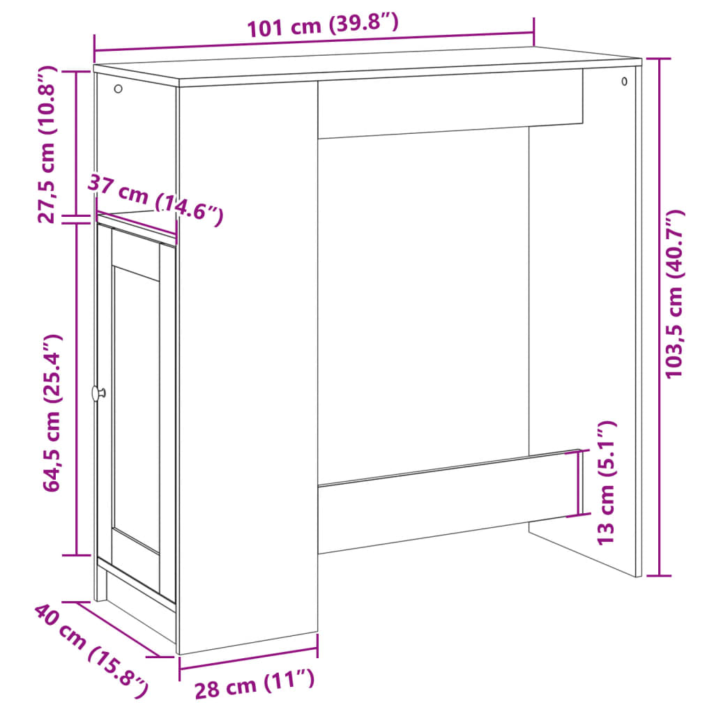 vidaXL Mesa alta bar con estantes madera roble Sonoma 101x40x103,5 cm