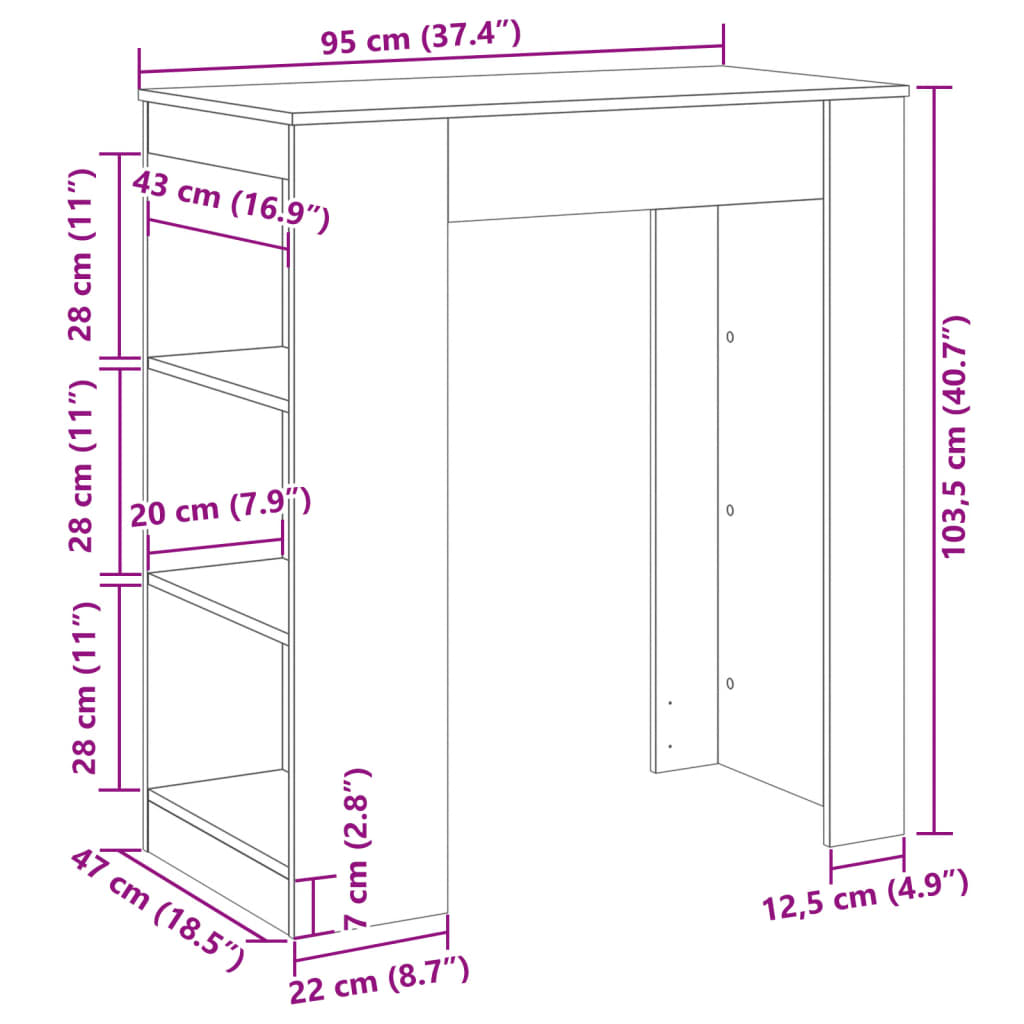 vidaXL Mesa alta bar con estantes madera gris hormigón 95x47x103,5 cm