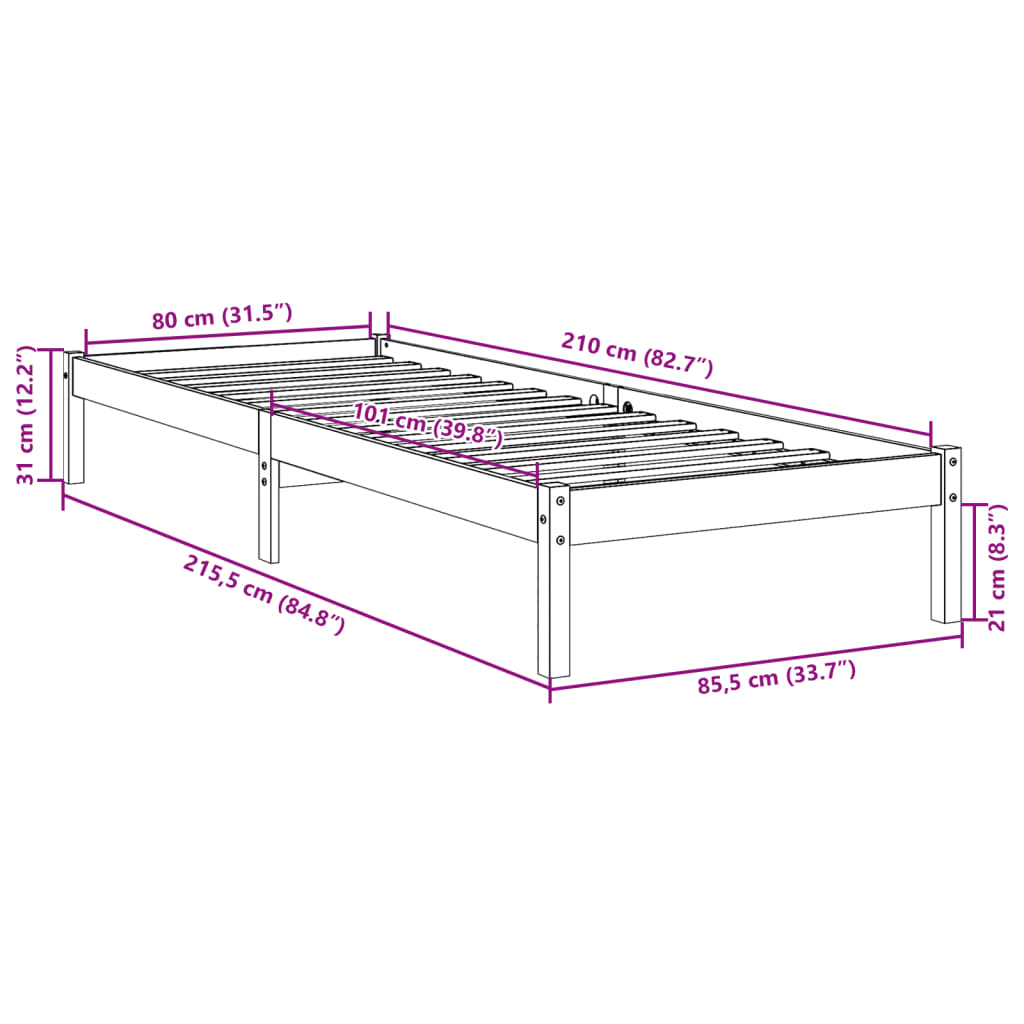 vidaXL Cama extralarga sin colchón madera maciza pino blanca 80x210 cm