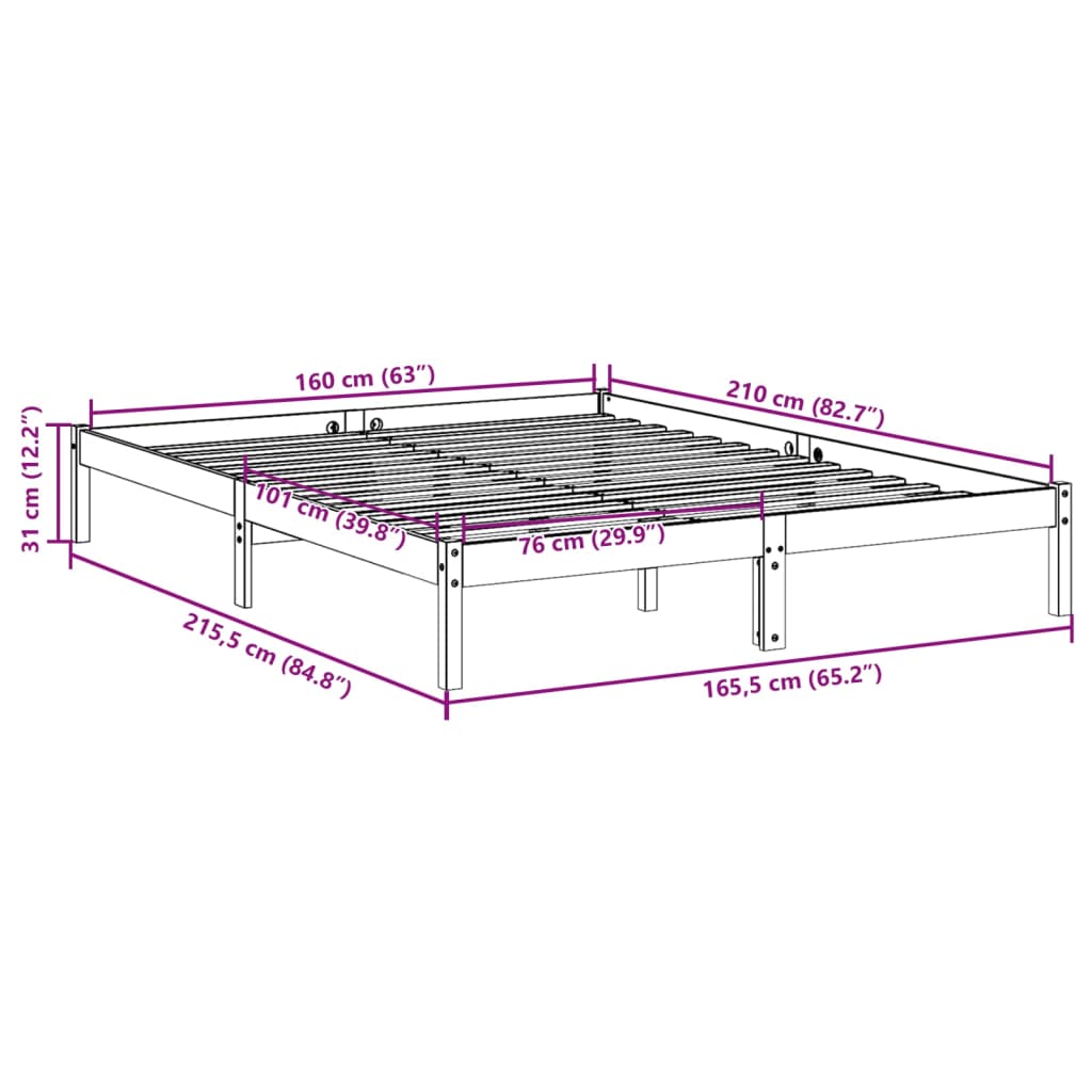 vidaXL Cama extralarga sin colchón madera maciza de pino 160x210 cm