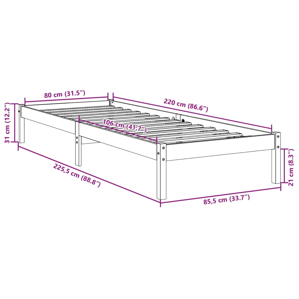 vidaXL Cama extralarga sin colchón madera maciza de pino 80x220 cm