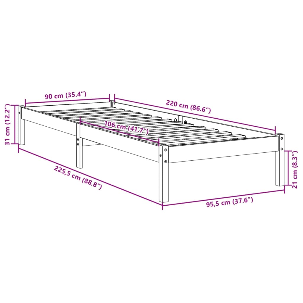 vidaXL Cama extralarga sin colchón madera maciza pino blanca 90x220 cm