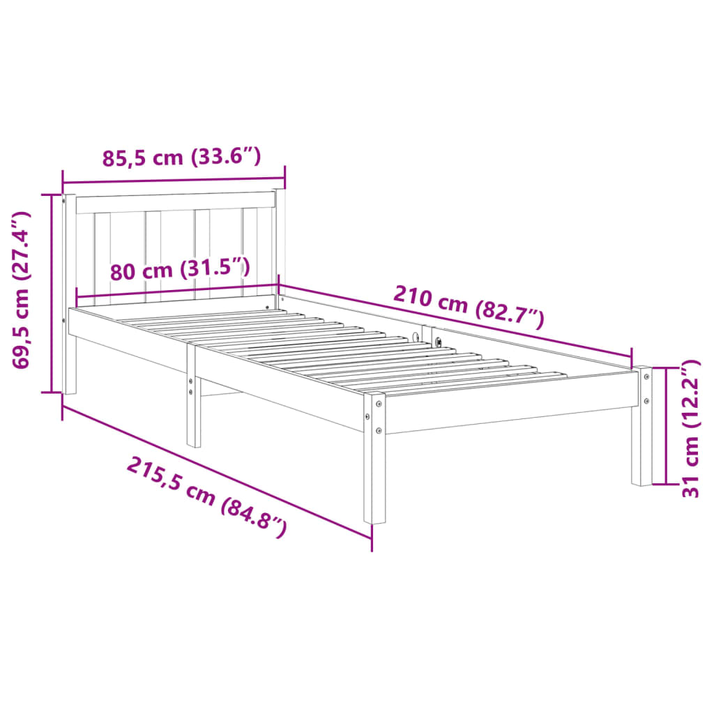 vidaXL Cama extralarga sin colchón madera maciza pino blanca 80x210 cm