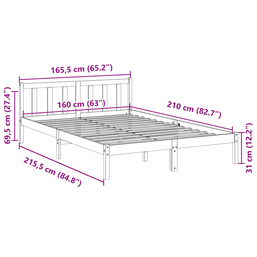 vidaXL Cama extralarga sin colchón madera maciza de pino 160x210 cm