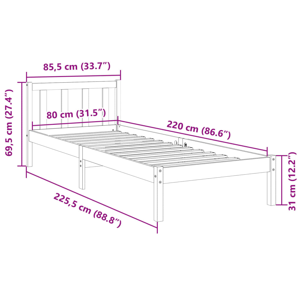 vidaXL Cama extralarga sin colchón madera maciza de pino 80x220 cm