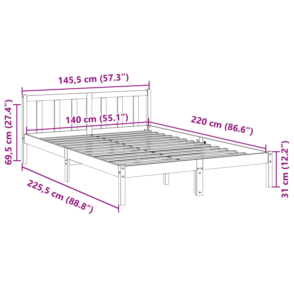 vidaXL Cama extralarga sin colchón madera maciza de pino 140x220 cm