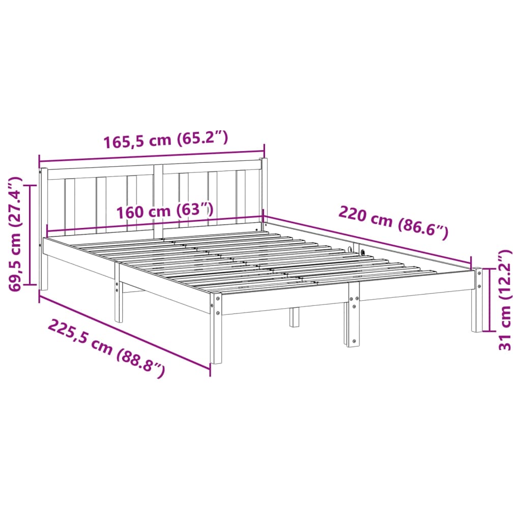 vidaXL Cama extralarga sin colchón madera maciza de pino 160x220 cm