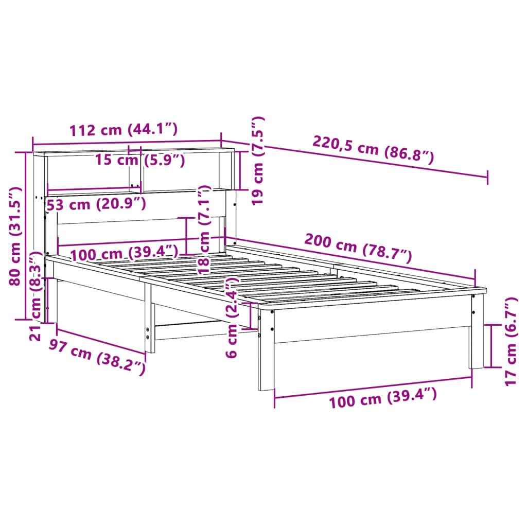 vidaXL Cama con estantería sin colchón madera maciza marrón 100x200 cm