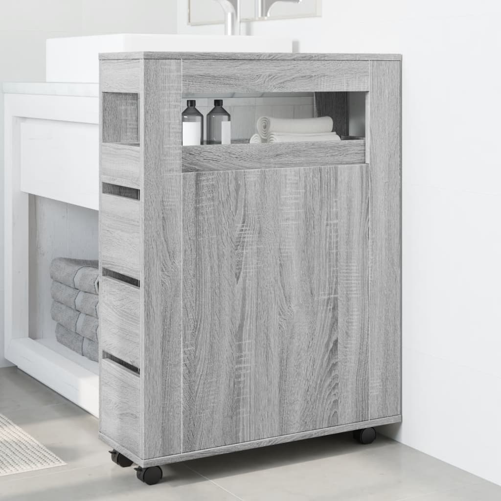 vidaXL Armario de baño estrecho con ruedas madera gris Sonoma