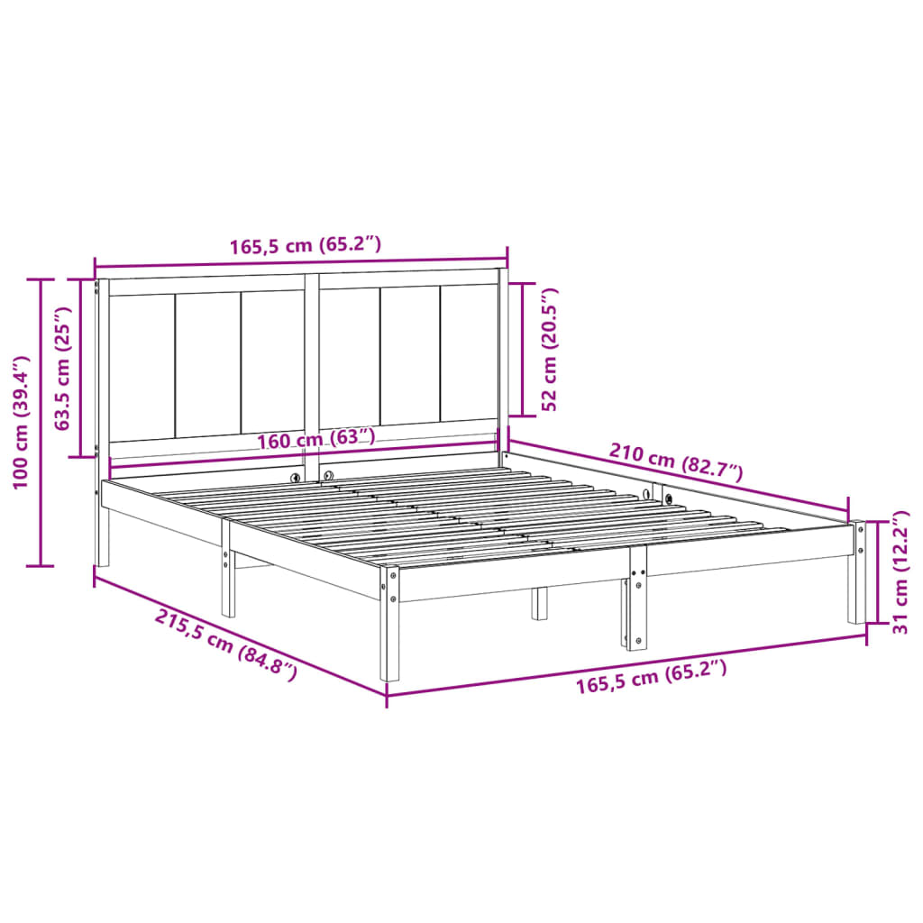 vidaXL Cama extralarga sin colchón madera maciza 160x210 cm