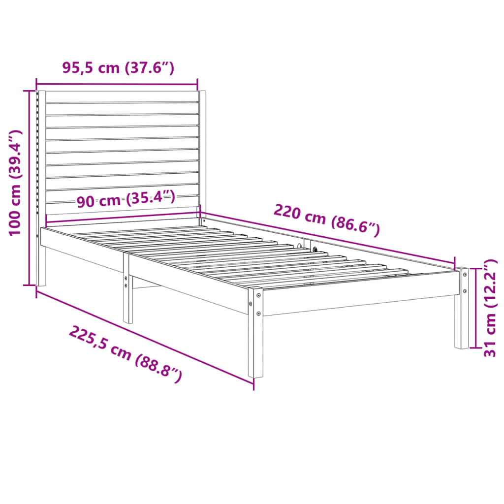 vidaXL Cama extralarga sin colchón madera maciza 90x220 cm