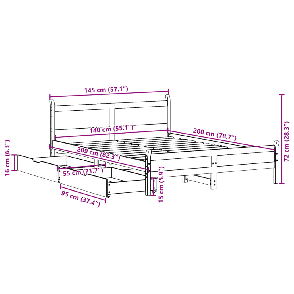 vidaXL Cama sin colchón madera maciza de pino marrón cera 140x200 cm