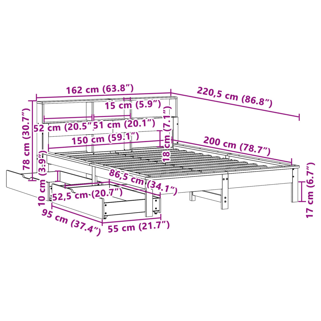 vidaXL Cama con estantería sin colchón madera maciza marrón 150x200 cm