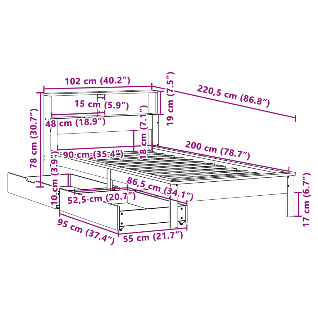 vidaXL Sofá con estantería sin colchón madera maciza marrón 90x200 cm