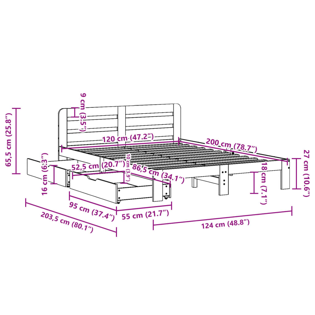 vidaXL Cama sin colchón madera maciza de pino marrón cera 120x200 cm