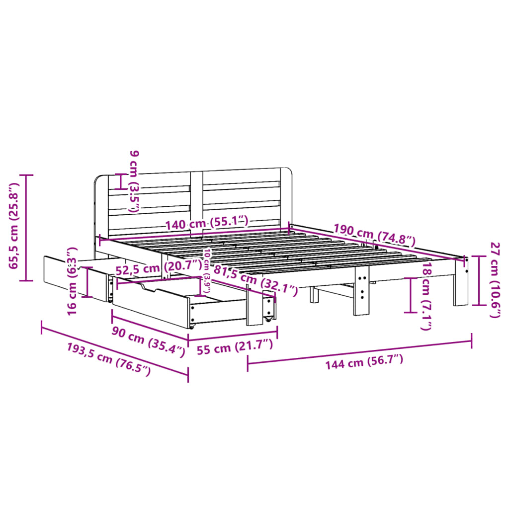 vidaXL Cama sin colchón madera maciza de pino marrón cera 140x190 cm