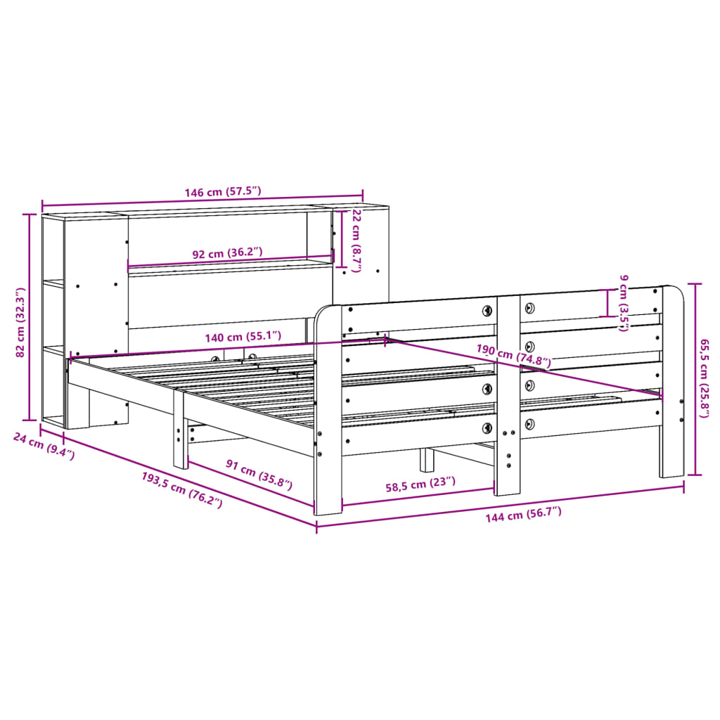 vidaXL Cama sin colchón madera maciza de pino marrón cera 140x190 cm