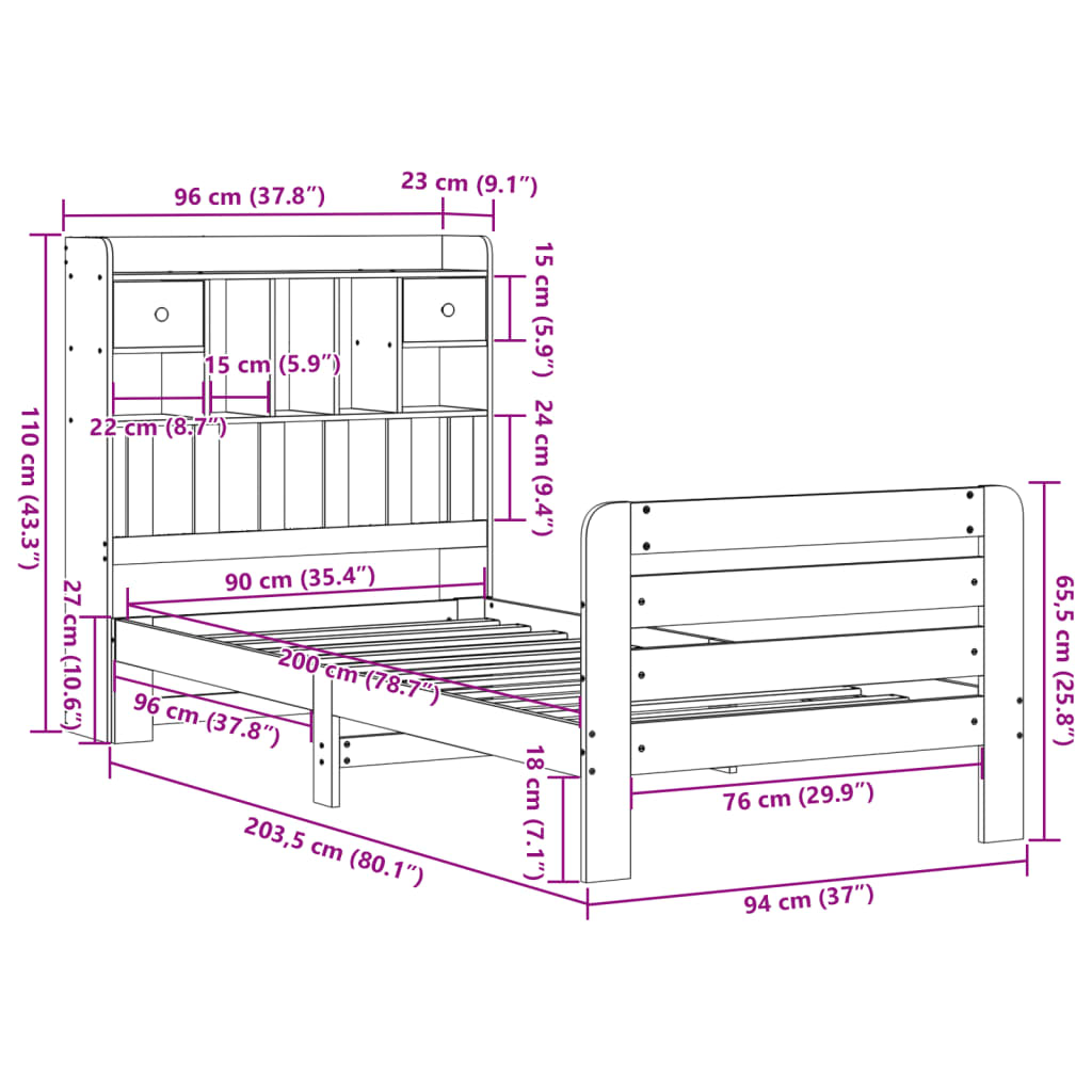 vidaXL Sofá con estantería sin colchón madera maciza marrón 90x200 cm